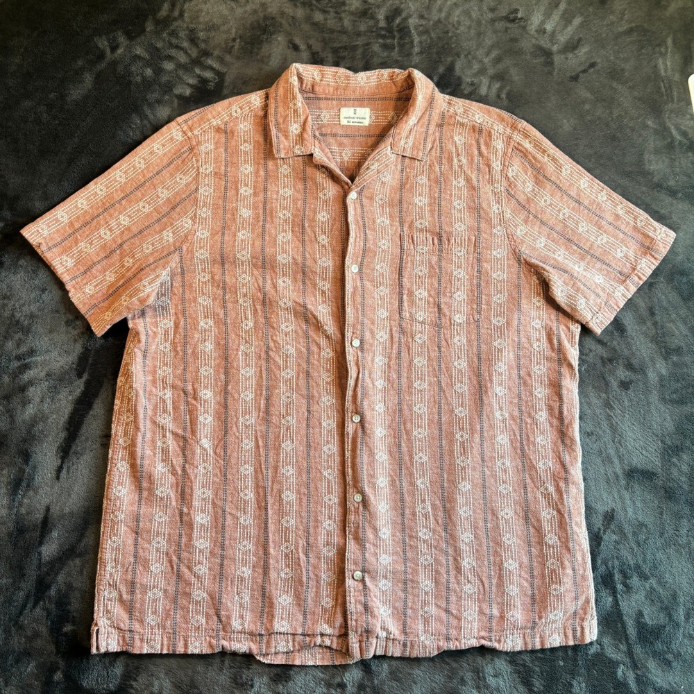 Mutual Weave Mens Shirt 2XLT Salmon Cotton Linen Geometric Stripe Button Down